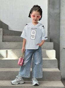 Young Girls Fashion Loose Fit Numeric Pattern Round Neck Casual T-Shirt - Silver - View 4