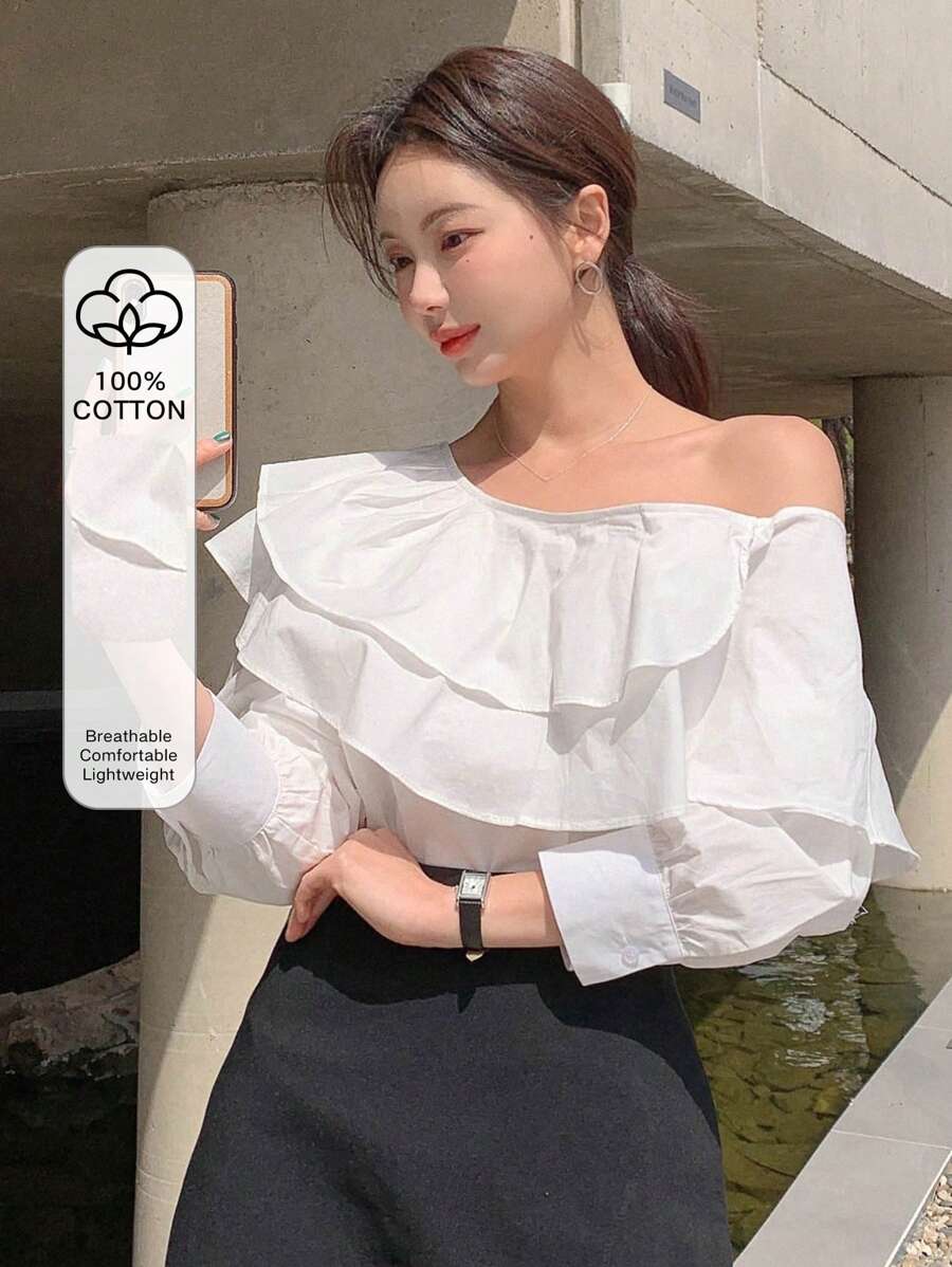 DAZY 纯色荷叶边不对称领口衬衫，秋季女装长袖上衣 - 白色 - 查看 1