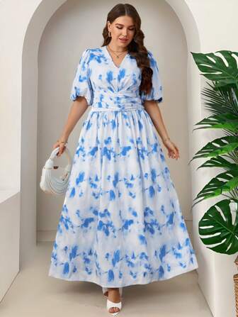 SHEIN Privé Plus Size Women's Aqua Blue Gradient Tie Dye Crossover Strap Dress, Suitable For Vacation, Travel, And Outings