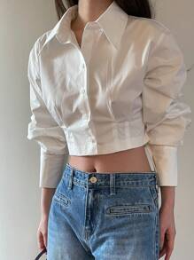DAZY Women's Solid Color Tie-Waist Cropped Long Sleeve Shirt, White, Spring/Summer/Autumn