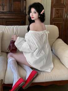 DAZY Blusa blanca holgada con hombros oblicuos y cordón ajustable, adecuada para primavera, verano y otoño - Blanco - Ver 8