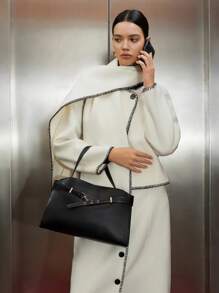 SHECARRY Women Simple Plain Metal Decor Tote Bag, Casual Everyday Use - Black - View 6