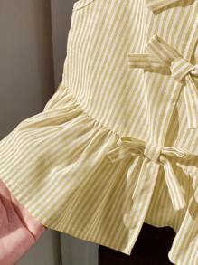 SHEIN 年轻女孩可爱夏季百搭粉色条纹蝴蝶结无袖上衣 - 黃色 - 查看 6