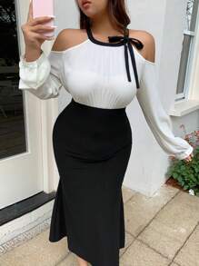 Dazy Plus Plus Size Chiffon Contrasting Color Blocked Off Shoulder Tie Waist Elegant Dress, Fall Dress Long Sleeve Dress