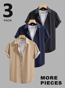 Manfinity Mode A Combination Of Three Shirts, Men's Short-Sleeved Lapel Solid Color Casual Summer Tops, Suitable As Gifts For Friends And Boyfriends.