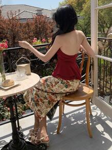 DAZY Conjunto de 2 piezas para mujer: Camiseta sin mangas con cuello en V y volante en el bajo, y falda con estampado floral - Burdeos - Ver 2