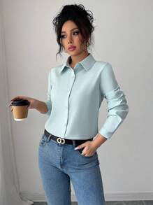 Elenzga Women Solid Color Long Sleeve Shirt, Fashionable For Summer - Yellow - View 6