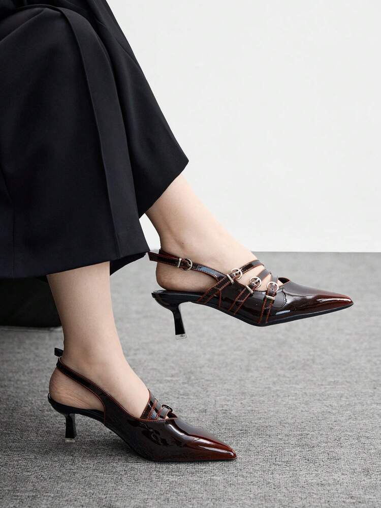 CUCCOO BIZCHIC 1 Pair Women's Pointed Toe Cut-Out Pumps, Elegant Solid Black Color With Ankle Strap High Heels