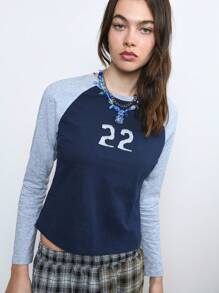 SHEIN Unity Shrunken Fit Raglan Long Sleeve Colourblock Graphic T-Shirt Y2K Vintage Cotton - Black - View 3