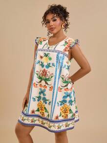 Travachic Plus Size Women Casual Summer Tropical Floral Print Colorful Ruffle V-Neck Loose Mini Dress - Multicolor - View 3