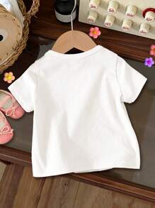 SHEIN Cute Retro Patchwork Heart Pattern, Baby Girl Casual Simple Short Sleeve Round Neck Top Suitable For Summer - Multicolor - View 2