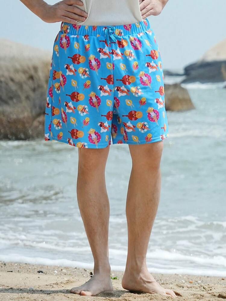 Summer Floral Print Blue Men's Casual Beach Shorts