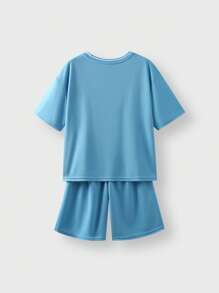 JNSQ Back To School Clothes, Tween Girl And Boy Outdoor Sports Short Sleeve Shorts Uniform Set, Children's Contrast Color Crew Neck Outdoor Sports Short Sleeve Uniform Set - Blue - View 10