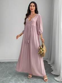 EMERY ROSE Đầm dài tay đèn lồng ren tương phản thanh lịch cho nữ - Bụi hồng - Xem 4