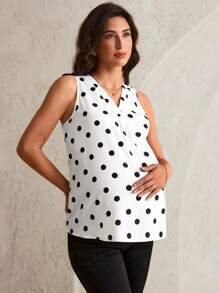 MaterniWear Maternity Polka Dot Print V-Neck Casual Versatile Tank Top  Summer Office/Work  Classy Elegant - Black and White - View 6