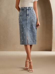 Anewsta Beaded Denim Bodycon Skirt For Women, Spring/Summer - Blue - View 3