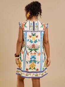 Travachic Plus Size Women Casual Summer Tropical Floral Print Colorful Ruffle V-Neck Loose Mini Dress - Multicolor - View 2