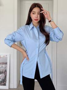 DAZY Women's Casual Business Solid Color Long Sleeve Blouse - Blue - View 4