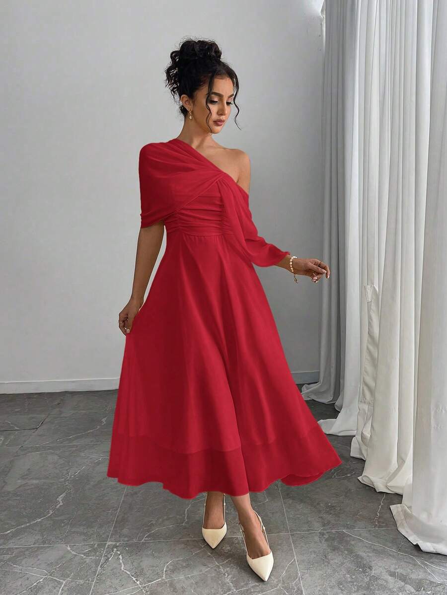 Rafferiza Women's Elegant Long Solid Color Dress With Shawl Collar, Spring/Summer - Red - View 1