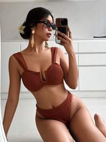 SHEIN Swim Women's Rib Ribbed Fabric Wide Strap Bandeau Bikini Set, Summer - Rust Brown - View 1