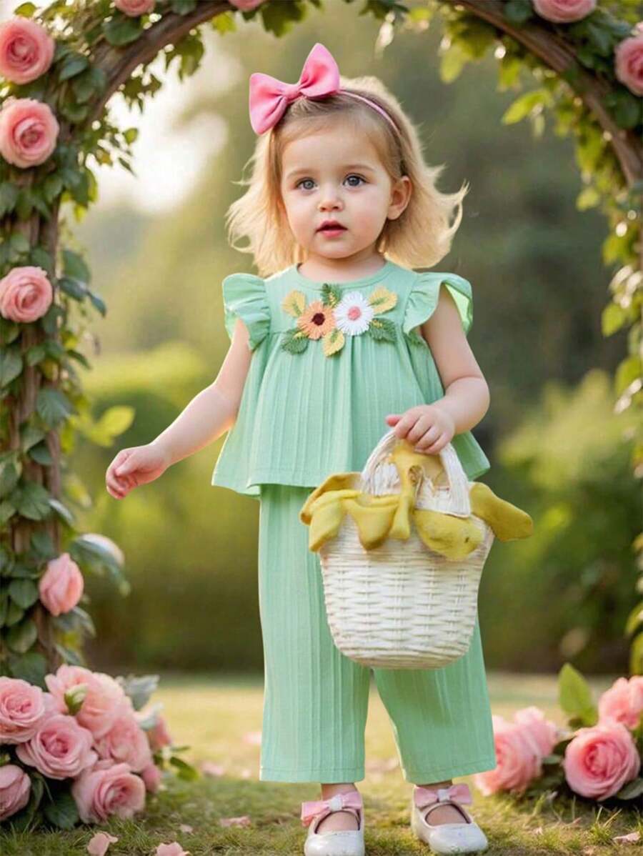 Baby Girl 2025 Summer New Green Color Cap Sleeve Top + Solid Wide Leg Casual Pants - Green - View 1