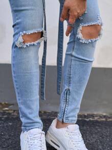 Manfinity LEGND Men's Distressed Light Wash Denim Jeans: Streetwear Style Ripped Knees Zipper Details And Drawstring Waist For A Casual Look - Light Wash - View 7