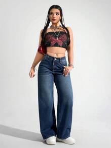 SHEIN PETITE 休闲水洗低腰直筒牛仔裤 - 深色水洗藍 - 查看 7