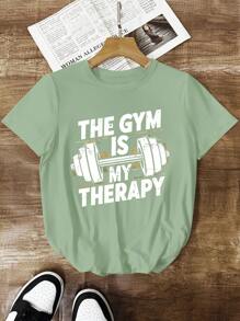 SHEIN LUNE 女士休闲短袖图案印花 T 恤，舒适百搭，适合运动、居家和街头穿着 - 薄荷綠 - 查看 1