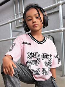 SHEIN Leap Crew Young Girl Woven Patchwork Numeric & Letter Pattern Loose Casual T-Shirt - Pink - View 1