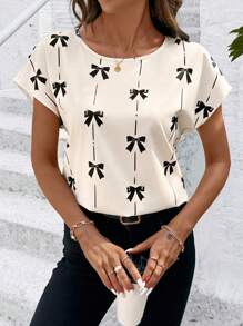 SHEIN Clasi Summer Vacation Outfits Women's Bowknot Striped Geometric Print Loose Fit Round Neck Blouse, Summer Apparel - Multicolor - View 3