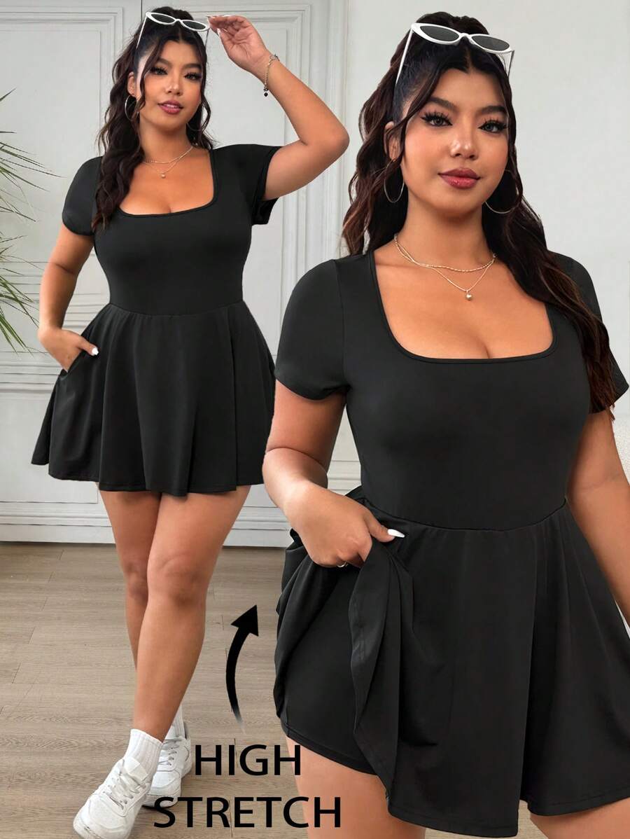 Solflare Plus Size Women's Summer Casual Scoop Neck Short Sleeve A-Line Flounce Hem Jumpsuit Romper With Pockets, Versatile For School, Outdoor, Gym, Yoga, Everyday Wear, In Black, Cooling Fabric, Comfortable Fabric,Mother's Day - Black - View 1