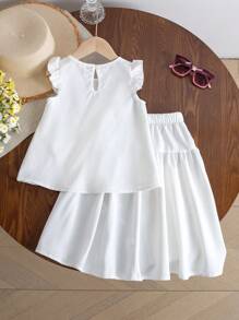 SHEIN 2pcs/Set Young Girl Fashion Cute 3D Bow Decor Round Neck Cap Sleeve Top And A-Line Skirt Suit, Versatile Daily Outfit Suitable For Spring/Summer, Vacation   Holiday  Travel  Summer  Relax