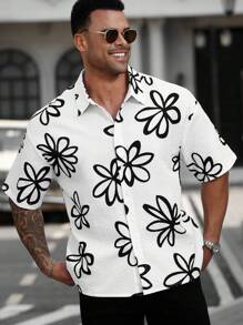 Manfinity Homme 大码男士印花休闲短袖衬衫 - 黑與白 - 查看 5