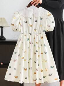 Vestido de fiesta ajustado con cuello, manga abullonada y estampado de mariposa tejido informal y lindo para niñas preadolescentes - Beis - Ver 8