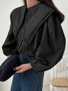 DAZY 女士纯色翻领简约长袖衬衫，秋装 - 黑色 - 查看 5