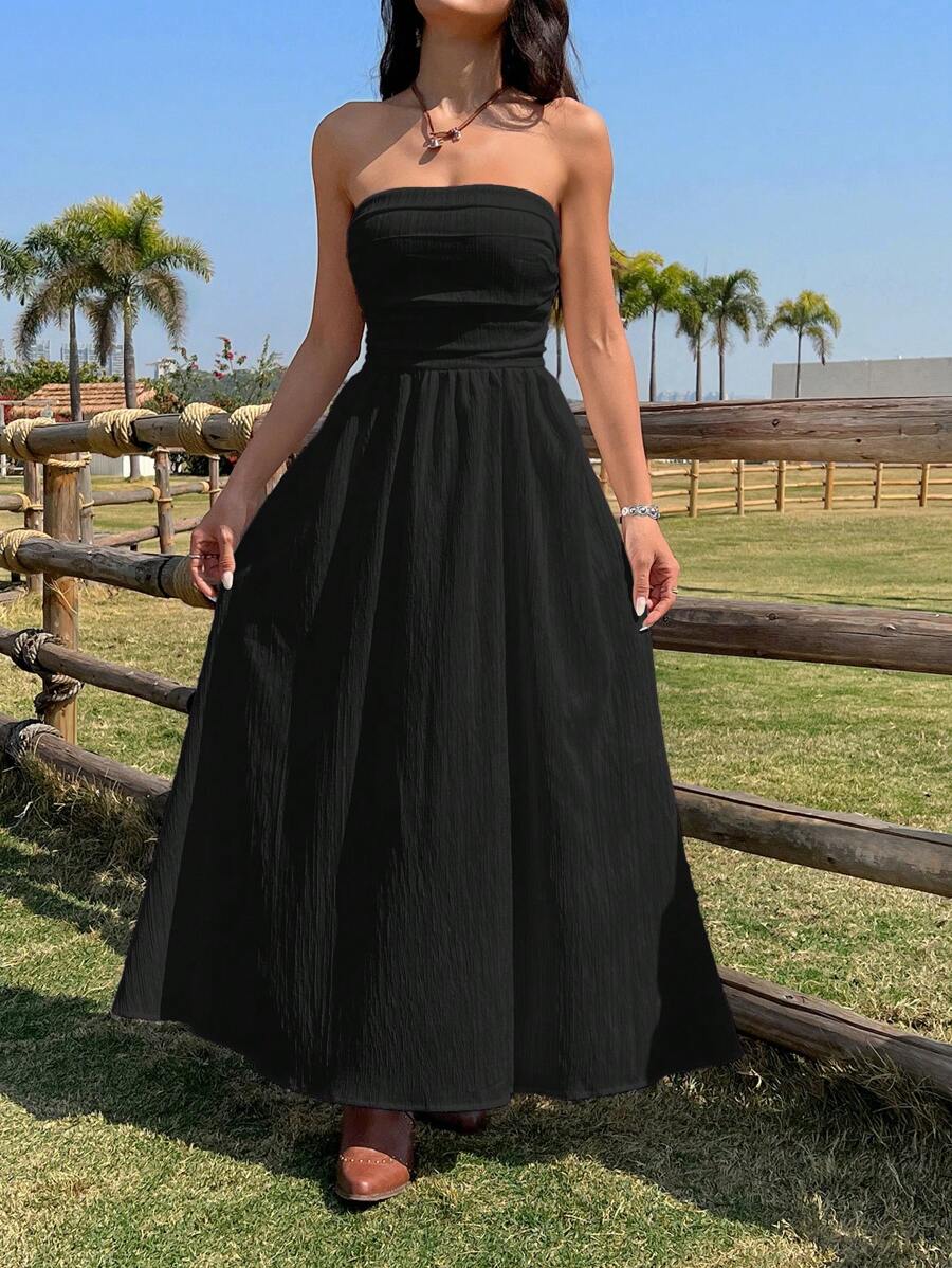 SHEIN EZwear Women's Black Strapless Maxi Dress: Sleeveless Woven Fabric Flared Hem Casual Style Long Dress - Black - View 1