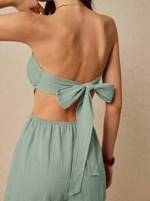 SHEIN Frenchy Maillard薄荷绿棉麻胸前连体衣，腰部镂空设计，穿着舒适透气，适合日常度假外出、婚礼宾客、毕业典礼等场合。 - 薄荷綠 - 查看 10