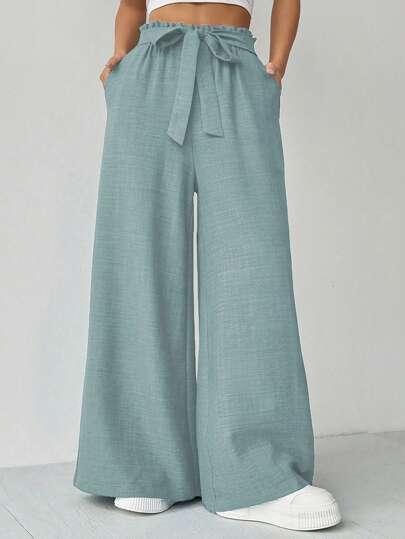Chiquease Women's Solid Color Ruffle Waist Tie-Up Pocket Wide Leg Loose Pants Fall Cloth For Women