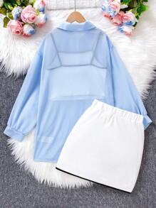 2pcs Tween Girls' Casual Vacation Shirt & Spaghetti Strap Skirt Set - Multicolor - View 2