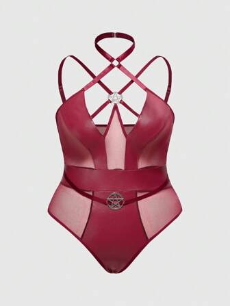 Grunge Punk Mono sexy de talla grande con parches de malla, piel sintética, estrella de cinco puntas y detalles metálicos en estilo punk rock oscuro para festivales y fiestas