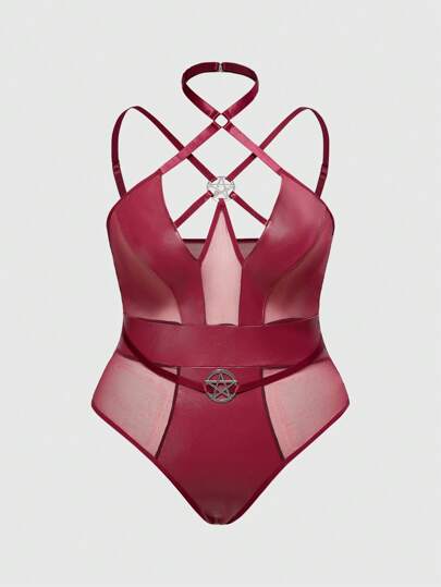 Grunge Punk بدلة رائعة المقاس الكبير بتصميم نمط نجمة خماسية معدنية مصنوعة من الجلد المدبوغ الزائف والشبك ، لحفلات موسيقى البنك