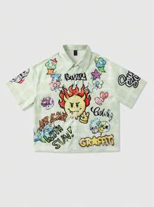 ROMWE MEN Street Life Camisa de manga corta casual con estampado de grafiti para hombres, de verano