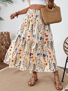 Breezaya Women's Casual Apricot Base Floral Print Drawstring Waist Maxi Skirt, Suitable For Spring/Summer Holiday - Multicolor - View 1