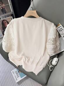 Franclia Maglietta elegante da donna con maniche a palloncino, collo rotondo, texture a righe in pizzo, adatta per primavera ed estate