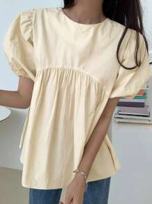 DAZY Women's Oversize Puff Sleeve Solid Color Cute Short Sleeve Pullover Blouse Summer,Ruffle Babydoll Top - Apricot - View 4