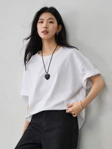 Dazy-Less 女士宽松简约圆领休闲字母印花T恤，街头风格商务休闲，夏季复古风超大T恤