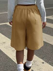 Muchica 女士驼色梭织褶皱口袋阔腿百慕大短裤，夏季 - 卡其色 - 查看 2