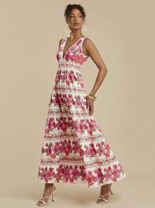 Travachic Urlaubs V-Ausschnitt Blume Muster Rüschen A-Linie romantisches Kleid für Frauen