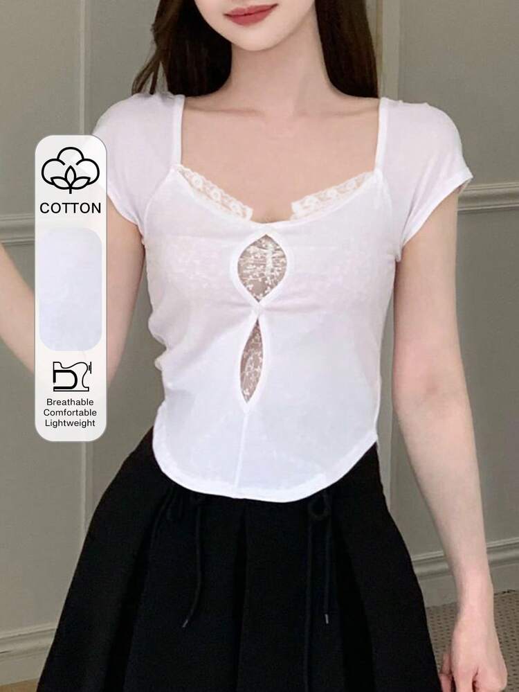 Women Lace Patchwork Hollow Out T-Shirt, White, Spring/Summer Delicate Lace Cute Tops