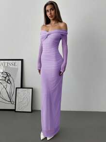 Aloruh Romantic Off Shoulder Mesh Twist Ruched Slim Fit Floor Length Dress With Long Sleeve For Women,Graduation Dresses - Mauve Purple - View 6